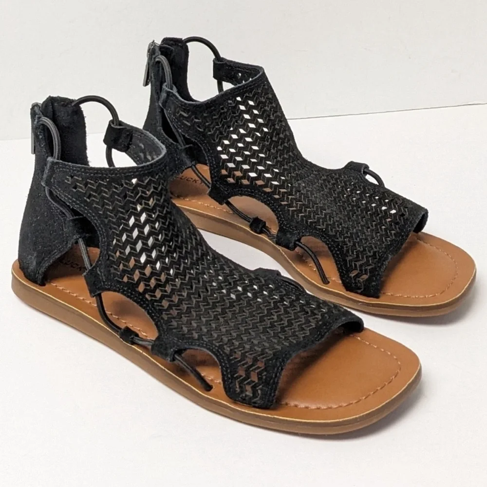 Lucky Brand baldin black laser cut gladiator preppy western sandals Women's 10M